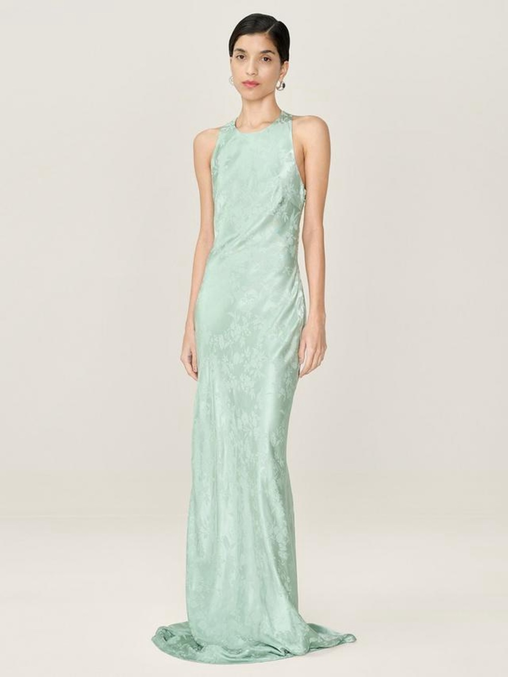 Sleek Sage Jacquard Halter Maxi Dress